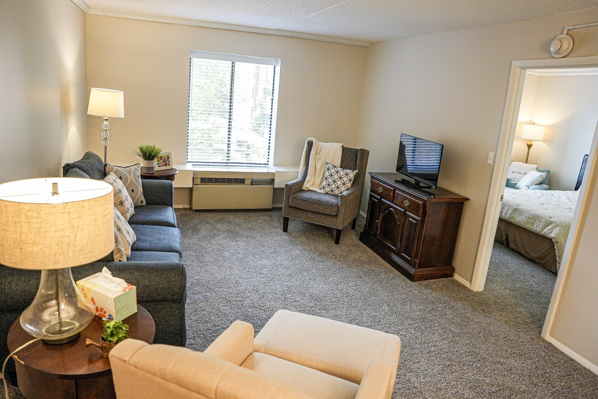 A cozy living room with a sofa, armchair, and television.