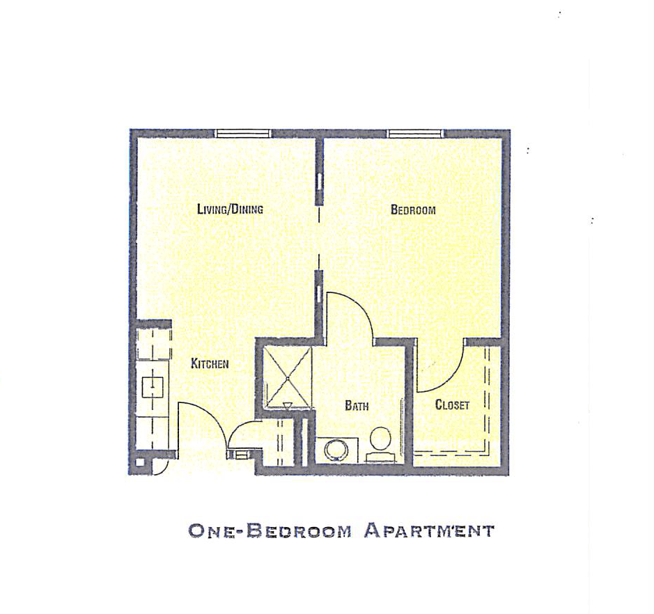 A floor plan of a one-bedroom apartment featuring a living room and kitchen area.