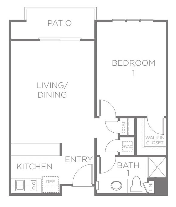 A floor plan of a one-bedroom apartment featuring a living/dining area, kitchen, bathroom, and patio.
