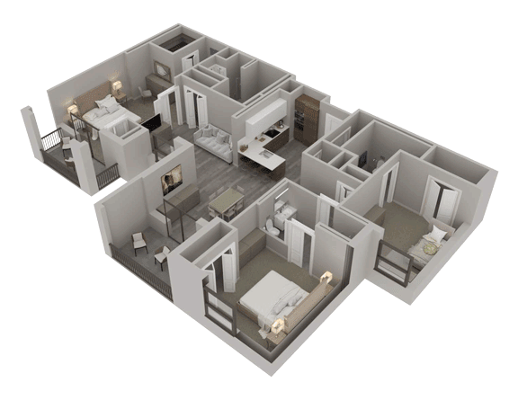 A 3D floor plan showcasing a detailed apartment layout with multiple rooms, including bedrooms and bathrooms, as well as living and kitchen areas.