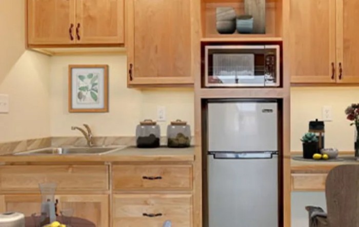 A compact kitchen area with wooden cabinets, a small refrigerator, microwave, and a sink.