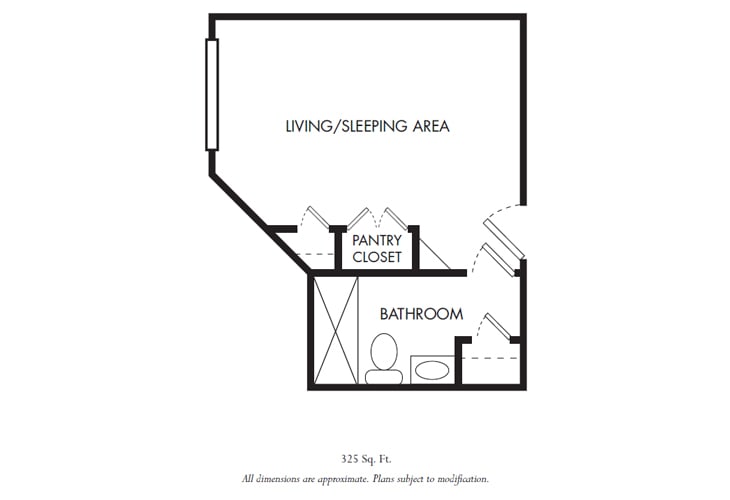 A floor plan of a studio apartment featuring a living/sleeping area, pantry closet, and bathroom.