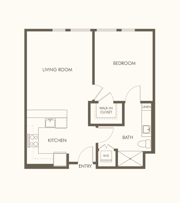 A floor plan of a one-bedroom apartment featuring a living room, kitchen, bathroom, and closet.