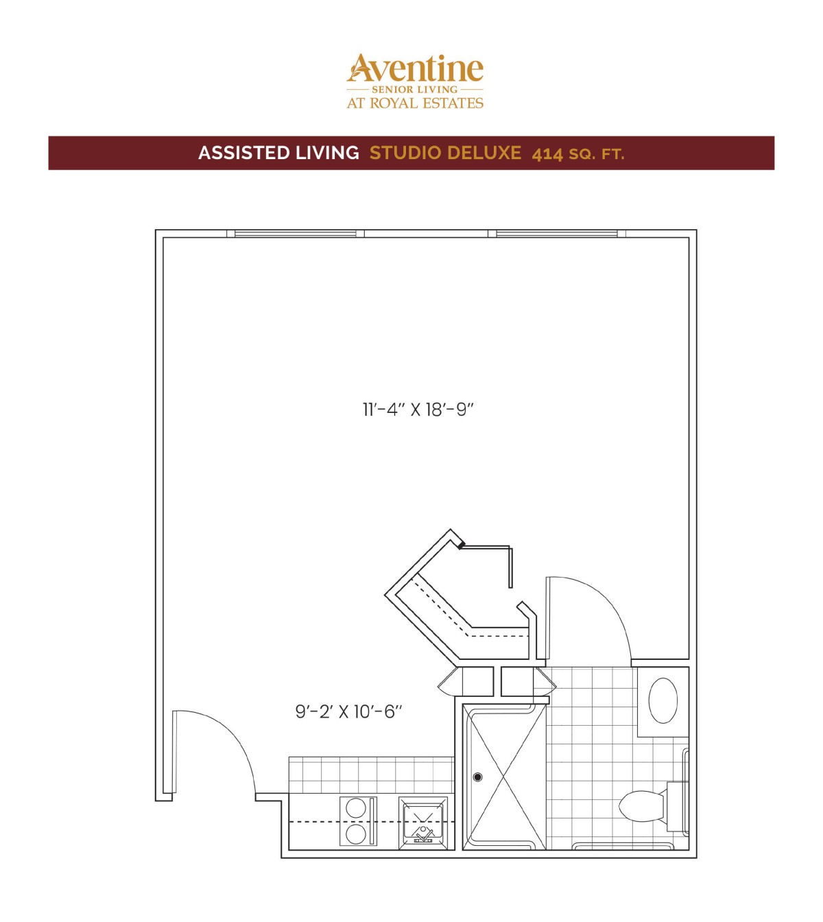 A floor plan of a studio apartment featuring a living area and a bathroom with labeled dimensions.