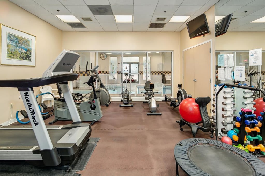 A well-equipped gym with various exercise machines and equipment including treadmills, a rowing machine, and an exercise ball.