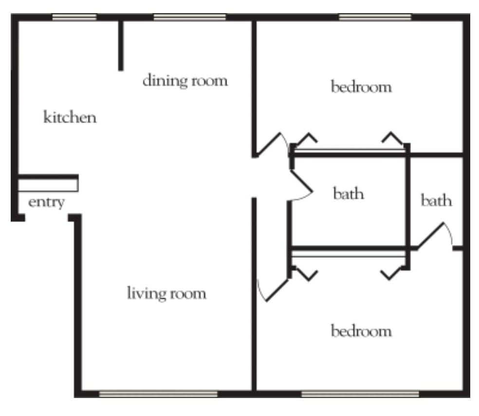 A simple floor plan showing a kitchen, dining room, living room, and two bedrooms with bathrooms.