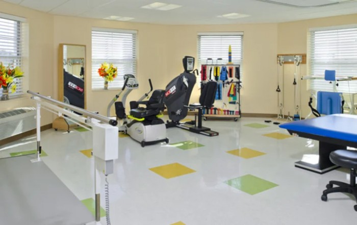 A well-equipped rehabilitation center featuring various exercise machines and therapy tools.