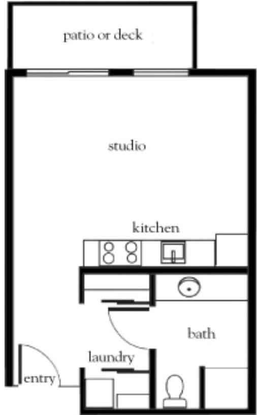 A simple floor plan of a studio apartment featuring a kitchen and bathroom.