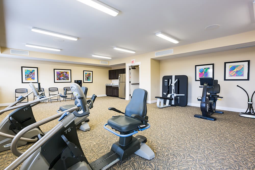 A well-equipped gym with various exercise machines for cardio workouts.