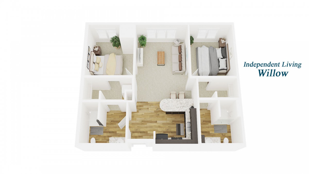 A 3D floor plan of a modern apartment featuring two bedrooms, an open living room area, and a kitchen.