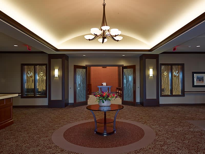 A modern lobby with elegant lighting and decor.