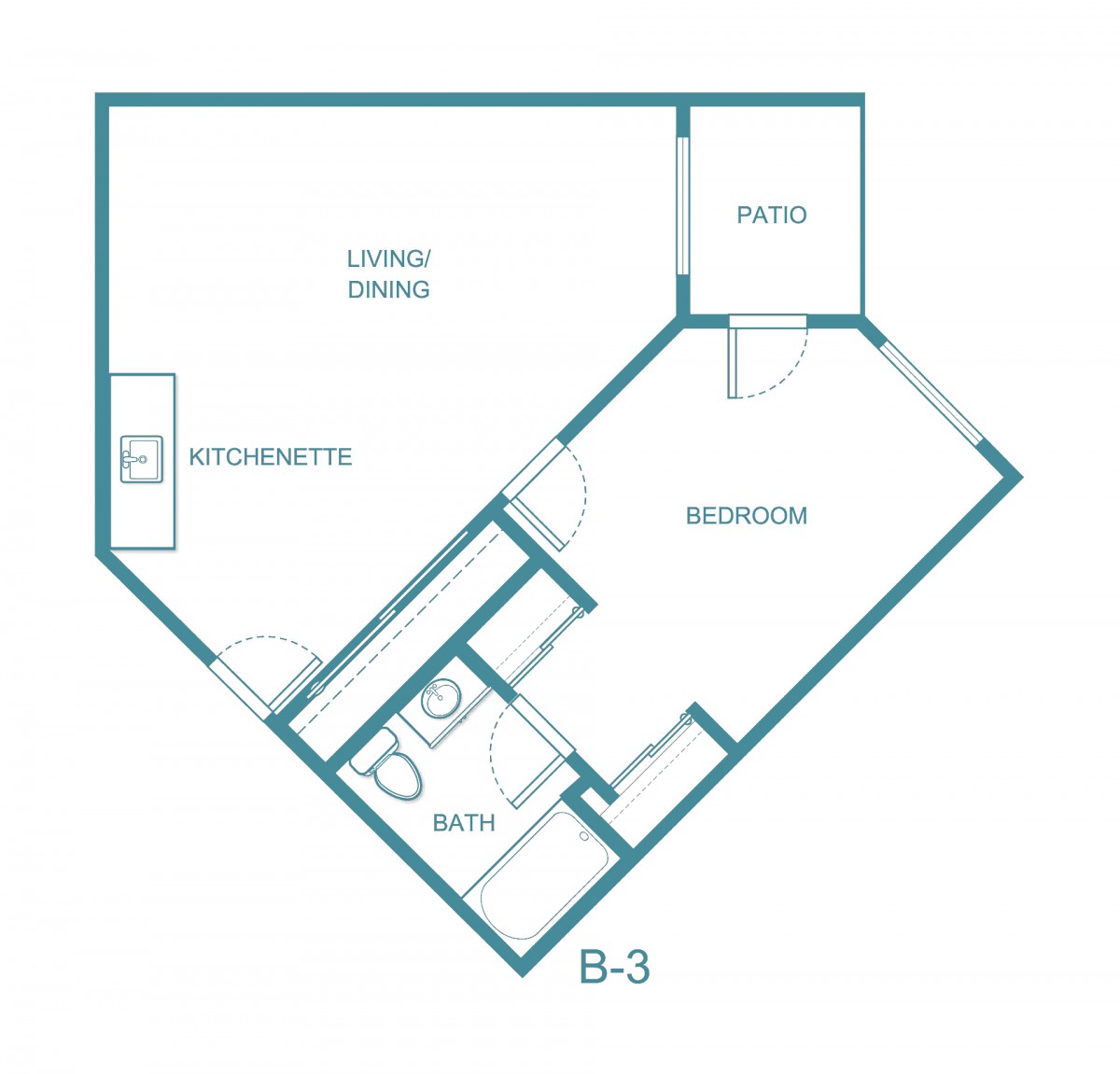 A floor plan of an apartment showing the layout of rooms including a living area, kitchen, bedroom, and bathroom.