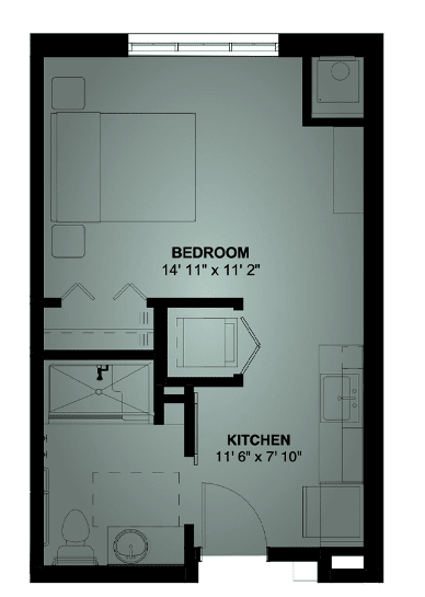 An architectural floor plan highlighting a bedroom and kitchen layout with dimensions.