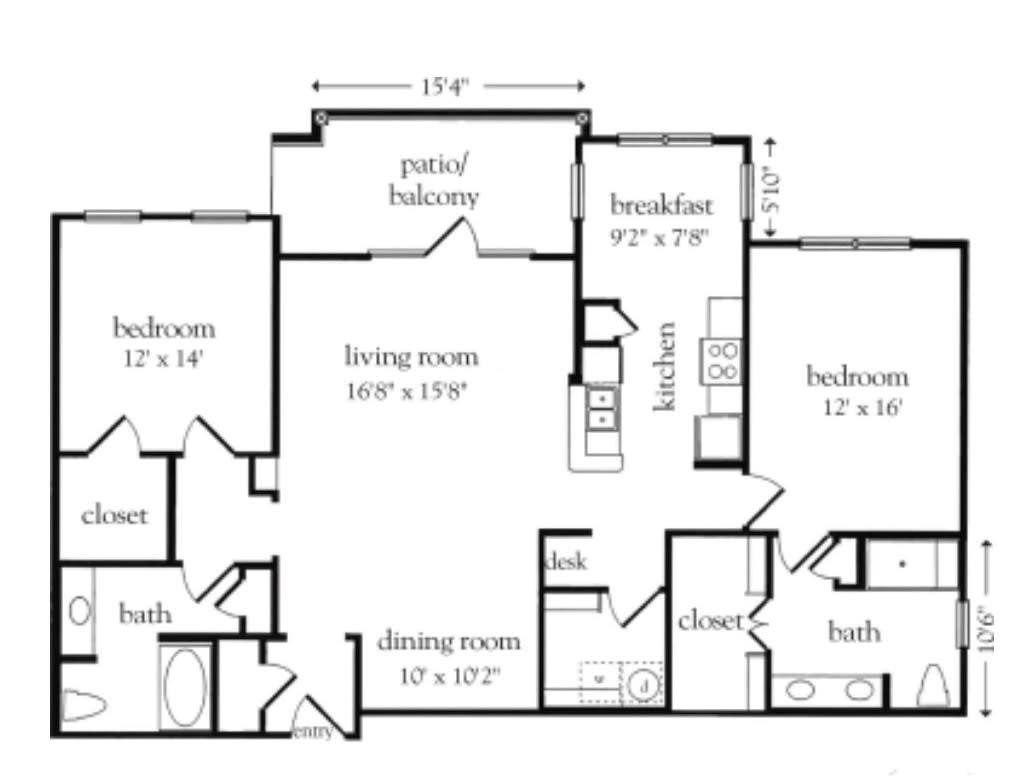 A detailed floor plan of an apartment showing two bedrooms, a living room, kitchen, and other amenities.