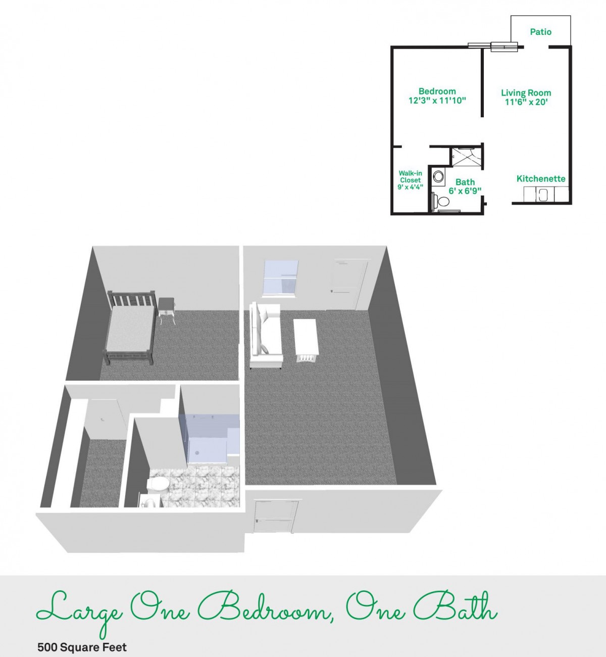 3D floor plan of a large one-bedroom, one-bath apartment.