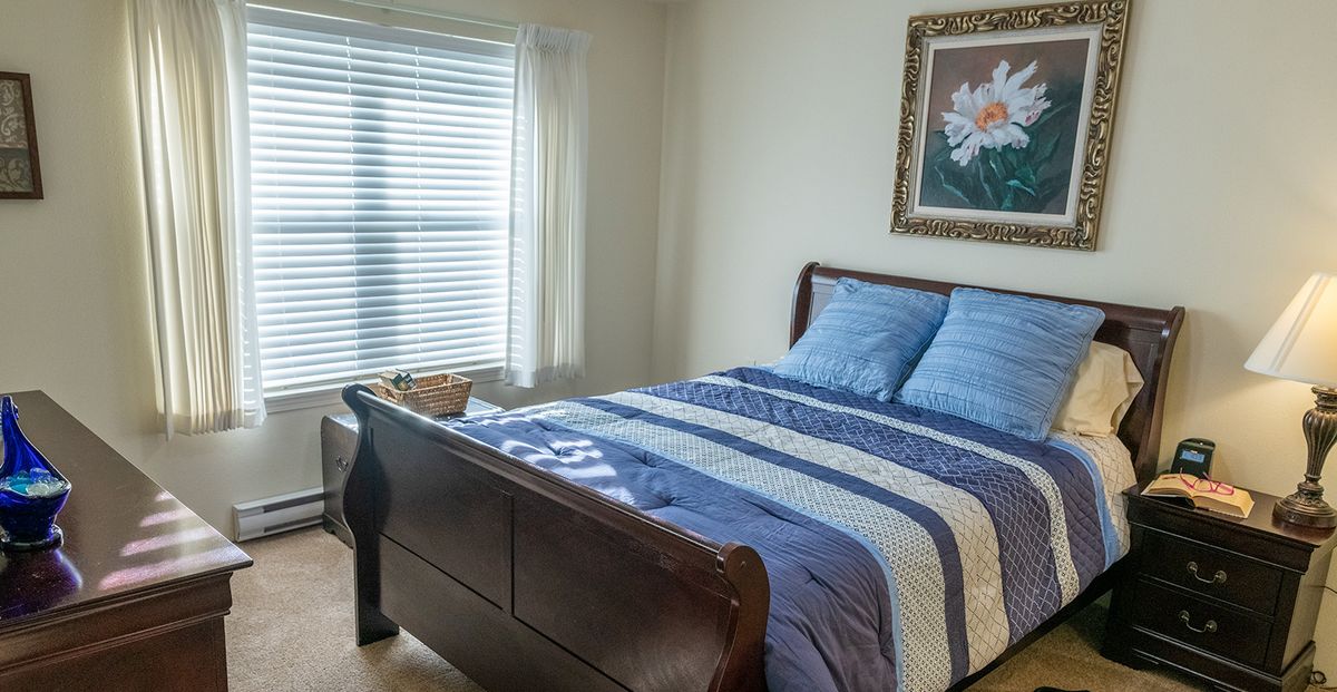 A cozy bedroom with a neatly made bed and natural light coming through the window.