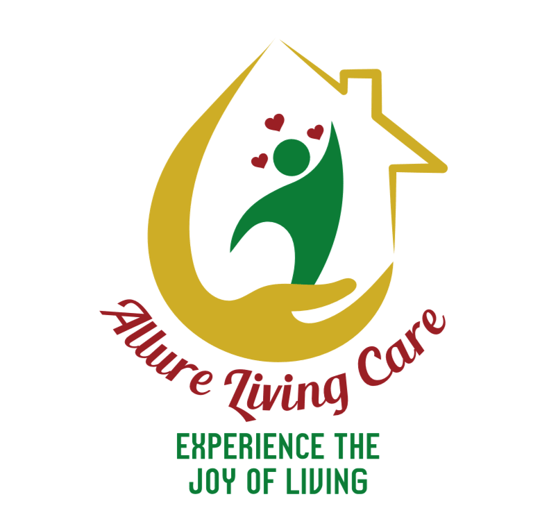 Logo for Allure Living Care featuring a stylized person and house, with the tagline 'Experience the Joy of Living'.