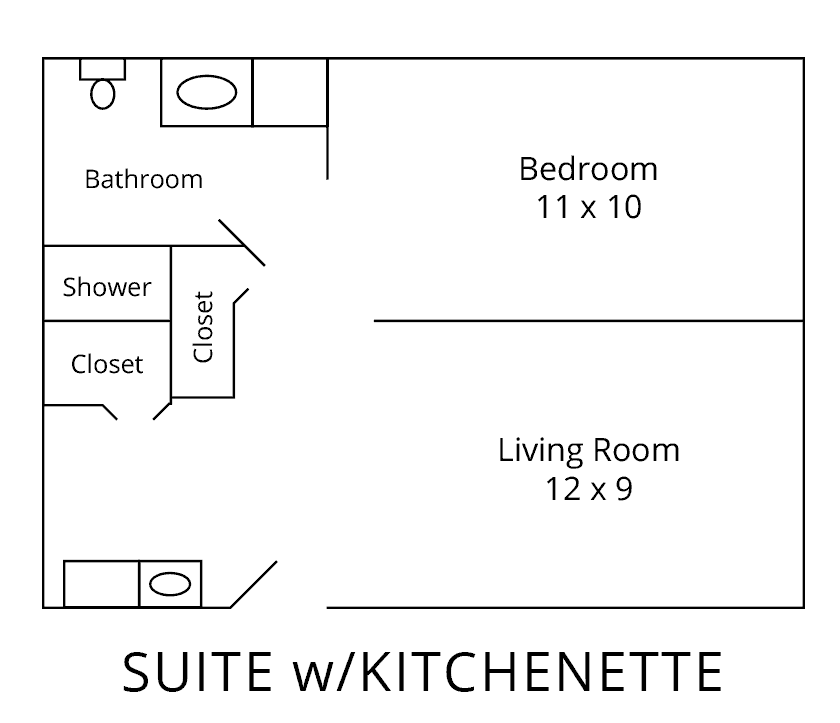 Floor plan of a suite with kitchenette, including bedroom, living room, and bathroom.