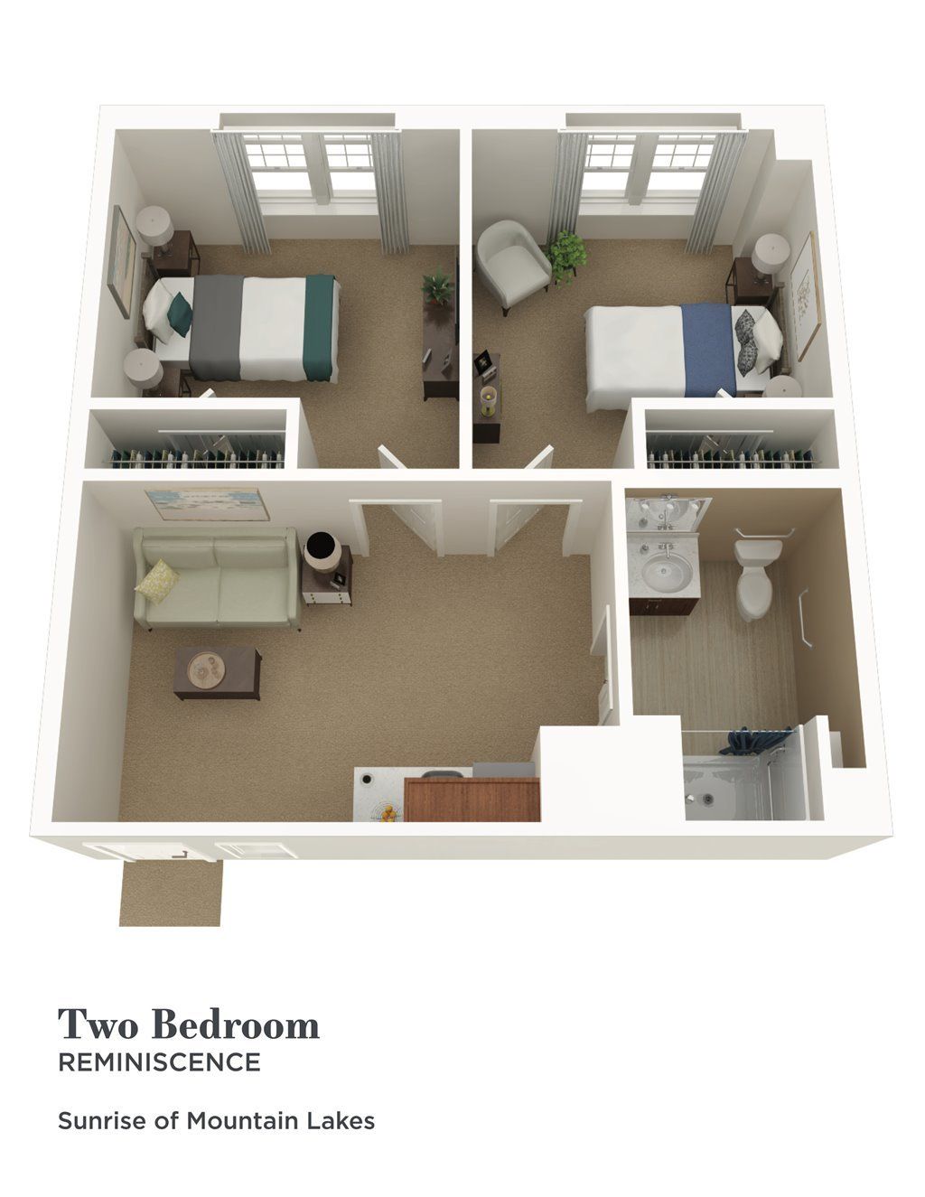 A 3D rendering of a two-bedroom apartment floor plan.