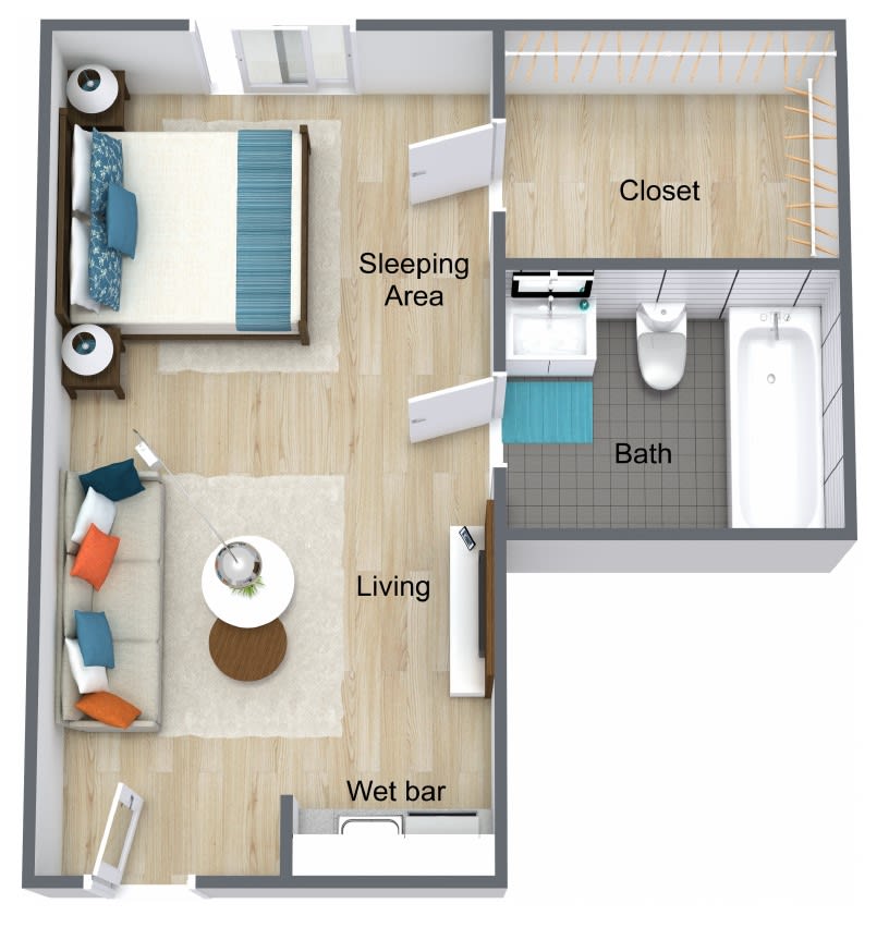A floor plan of a studio apartment featuring a sleeping area, living space, bathroom, and closet.