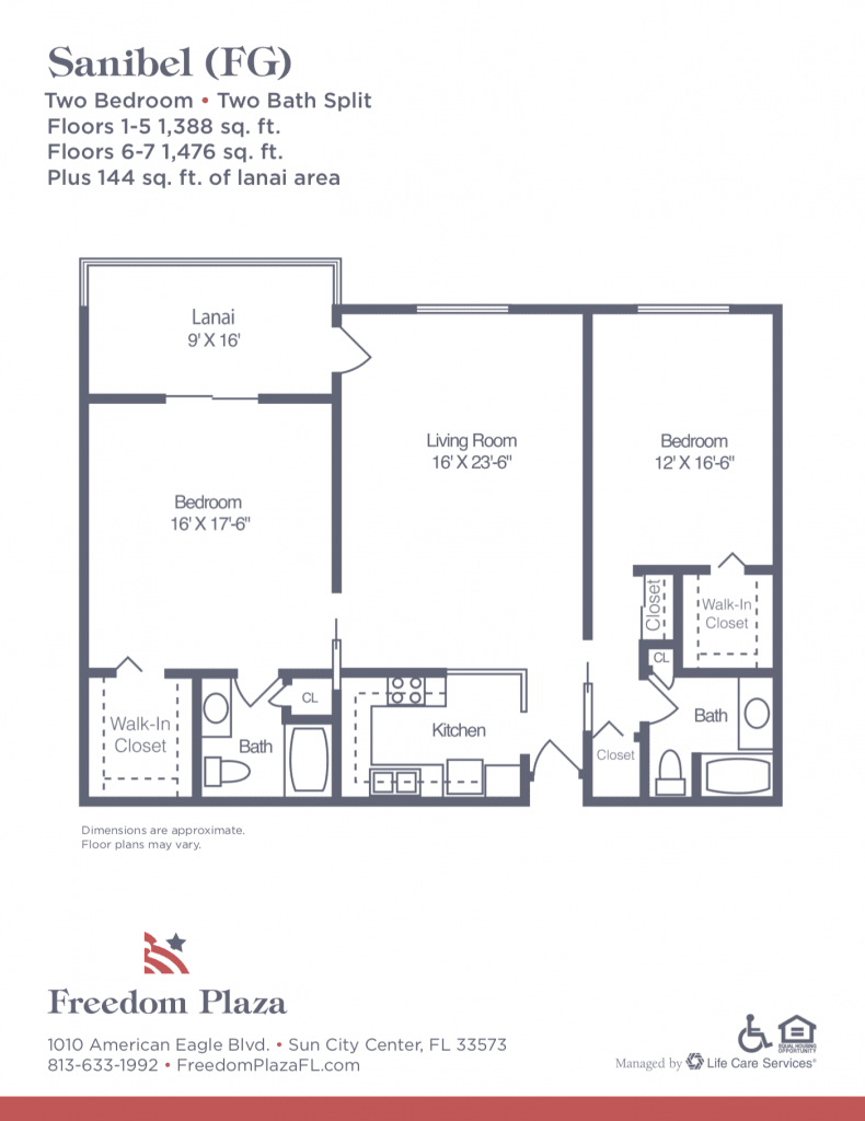 Two-bedroom apartment floor plan with labeled rooms including a kitchen, living room, and two bathrooms.