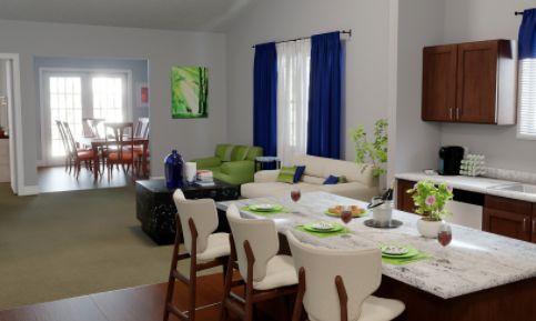 A modern open-plan living and dining area featuring green and blue decor accents.