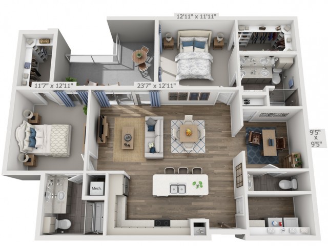 A 3D-rendered floor plan of an apartment showing a detailed layout of rooms and furniture.