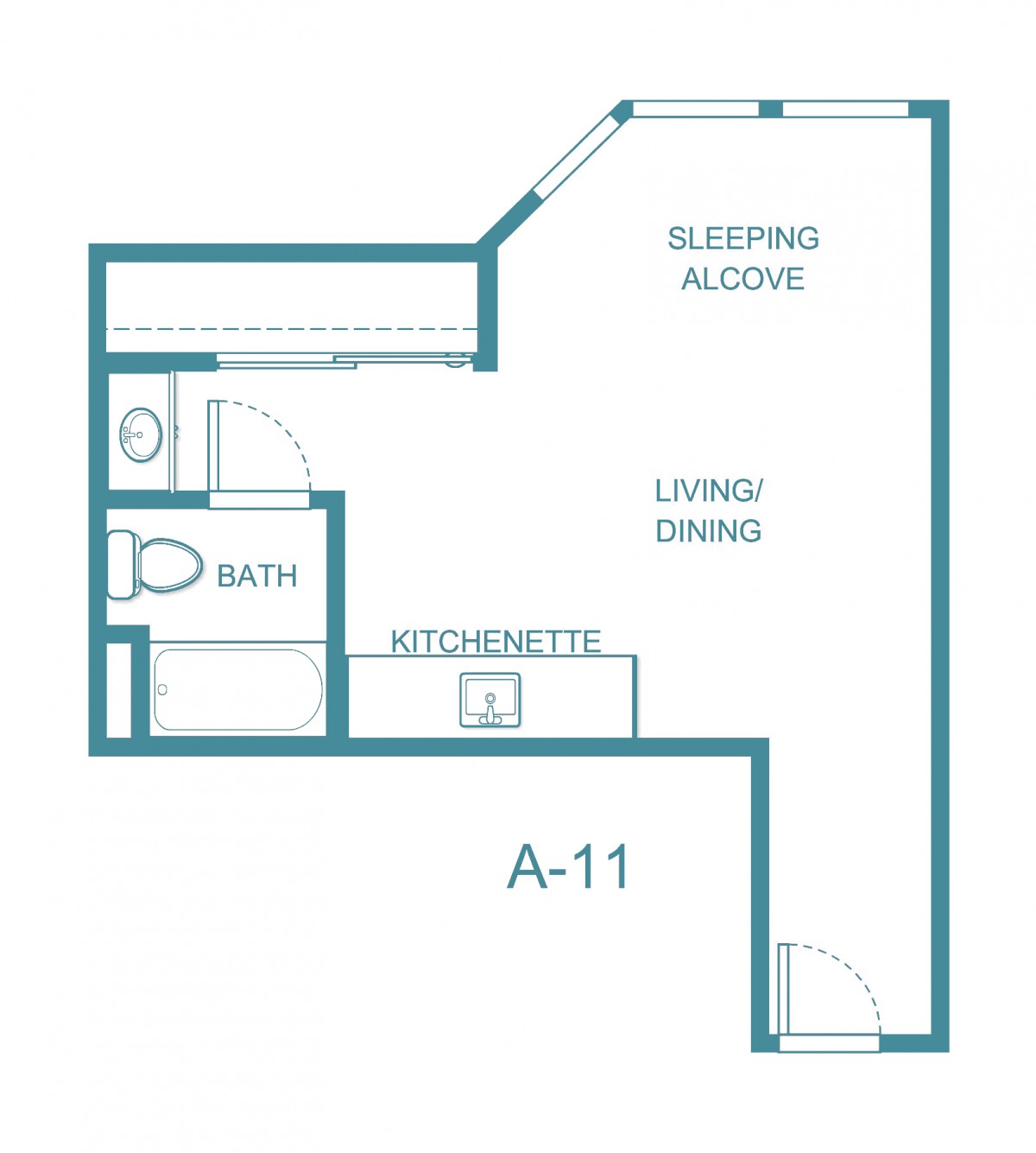 A studio apartment floor plan featuring a sleeping alcove, living/dining area, kitchenette, and bathroom.