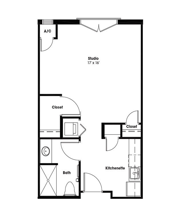 A floor plan of a studio apartment with designated areas for living, kitchen, closet, and bathroom.