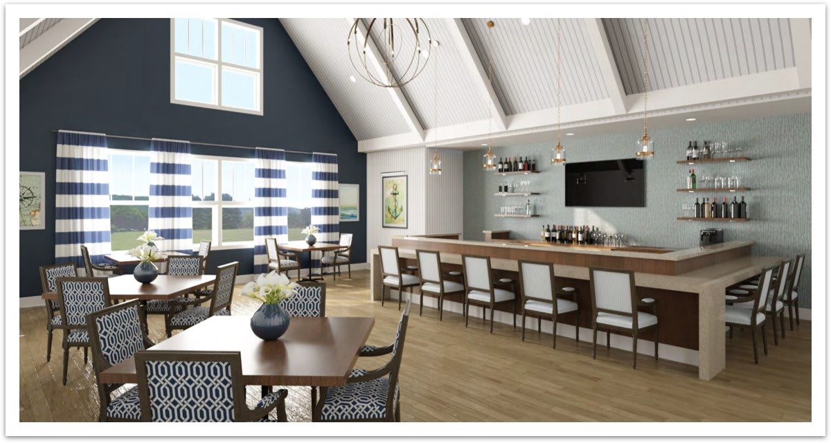 A modern bar and restaurant interior with ample seating, featuring contemporary chandeliers and wood flooring.