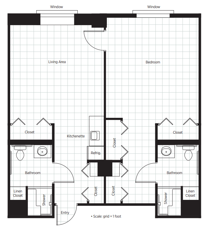 A floor plan of a two-bedroom, two-bathroom apartment with living areas.