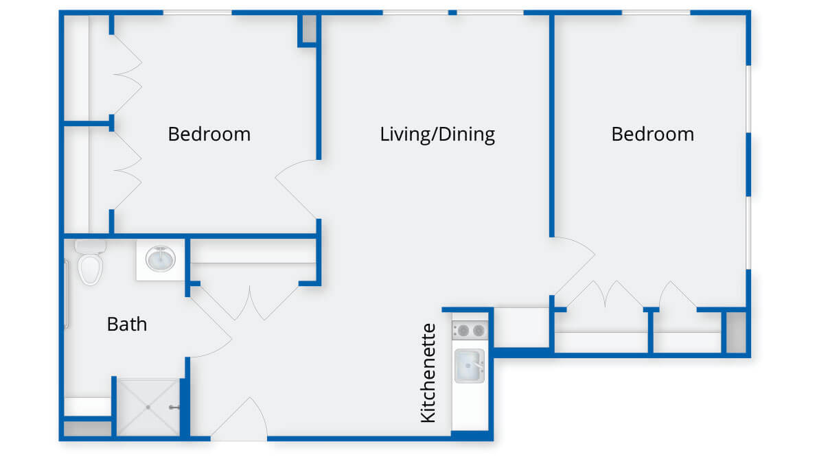 A floor plan showcasing a two-bedroom apartment with a living/dining area and kitchen.