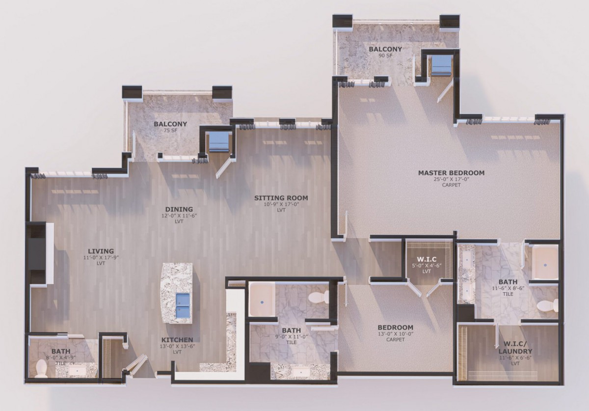 A detailed floor plan of a residential apartment, showcasing various rooms and amenities.