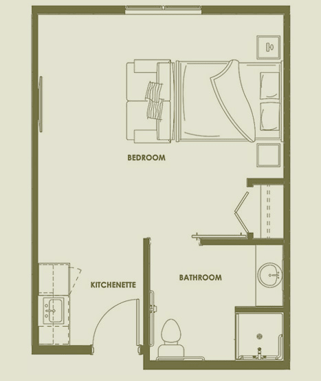 A simple floor plan showing an apartment layout with a bedroom, kitchen, and bathroom.