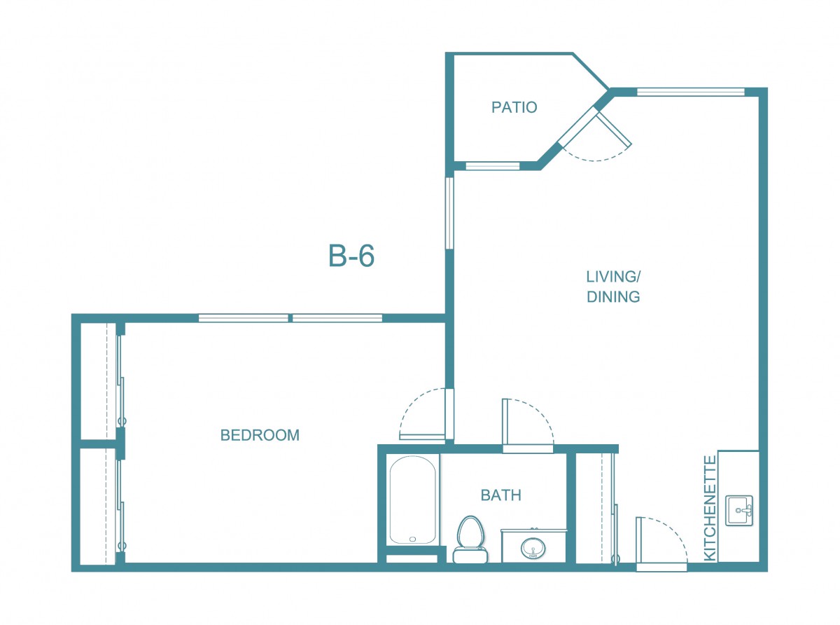 Blueprint of a one-bedroom apartment with designated living and dining areas.