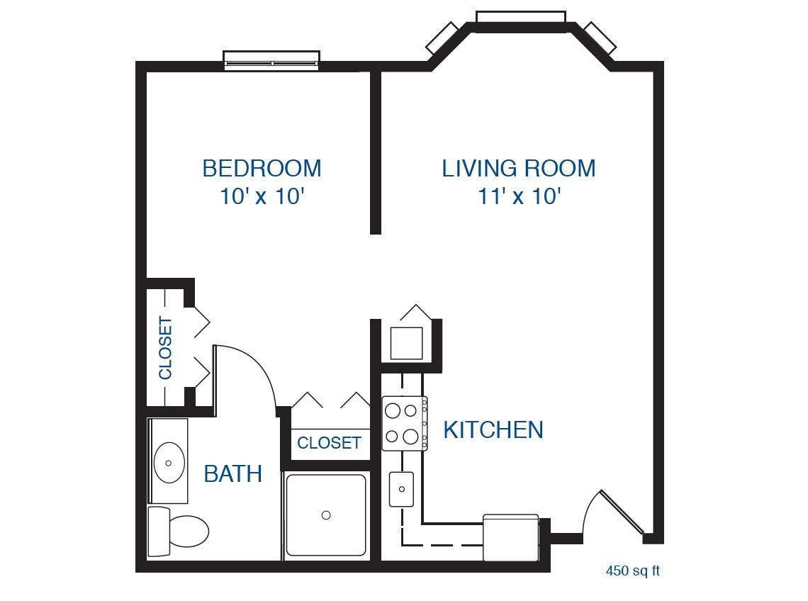 One-bedroom apartment floor plan with living room, kitchen, bathroom, and closet.
