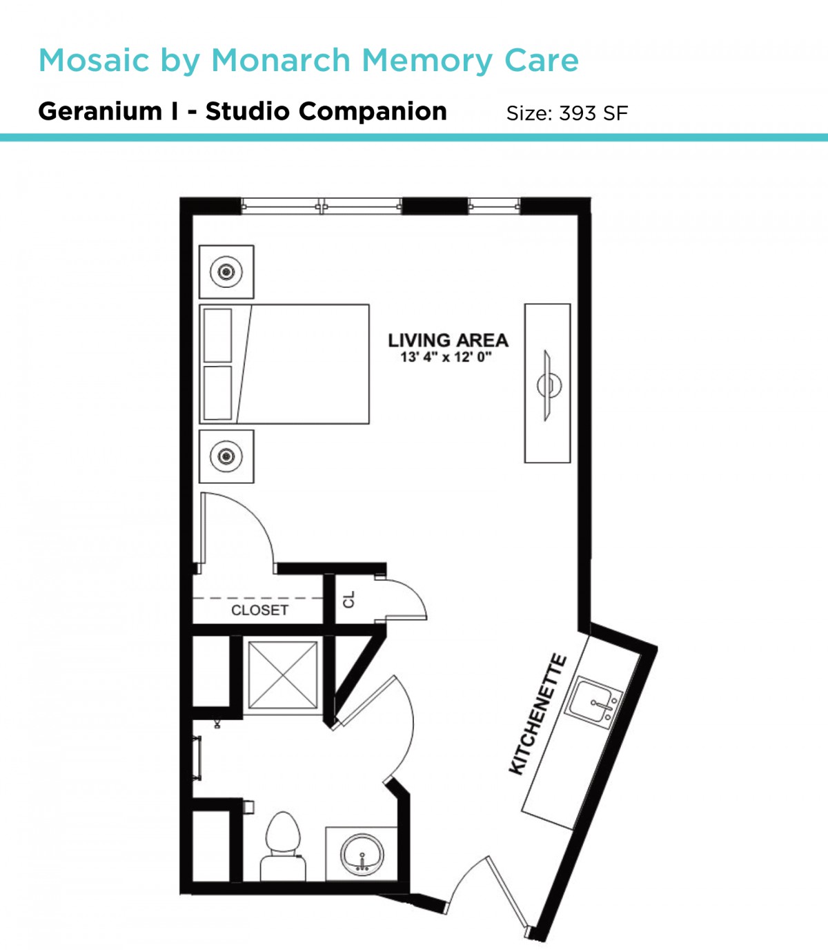 Floor plan of a studio companion apartment with living area and kitchenette.