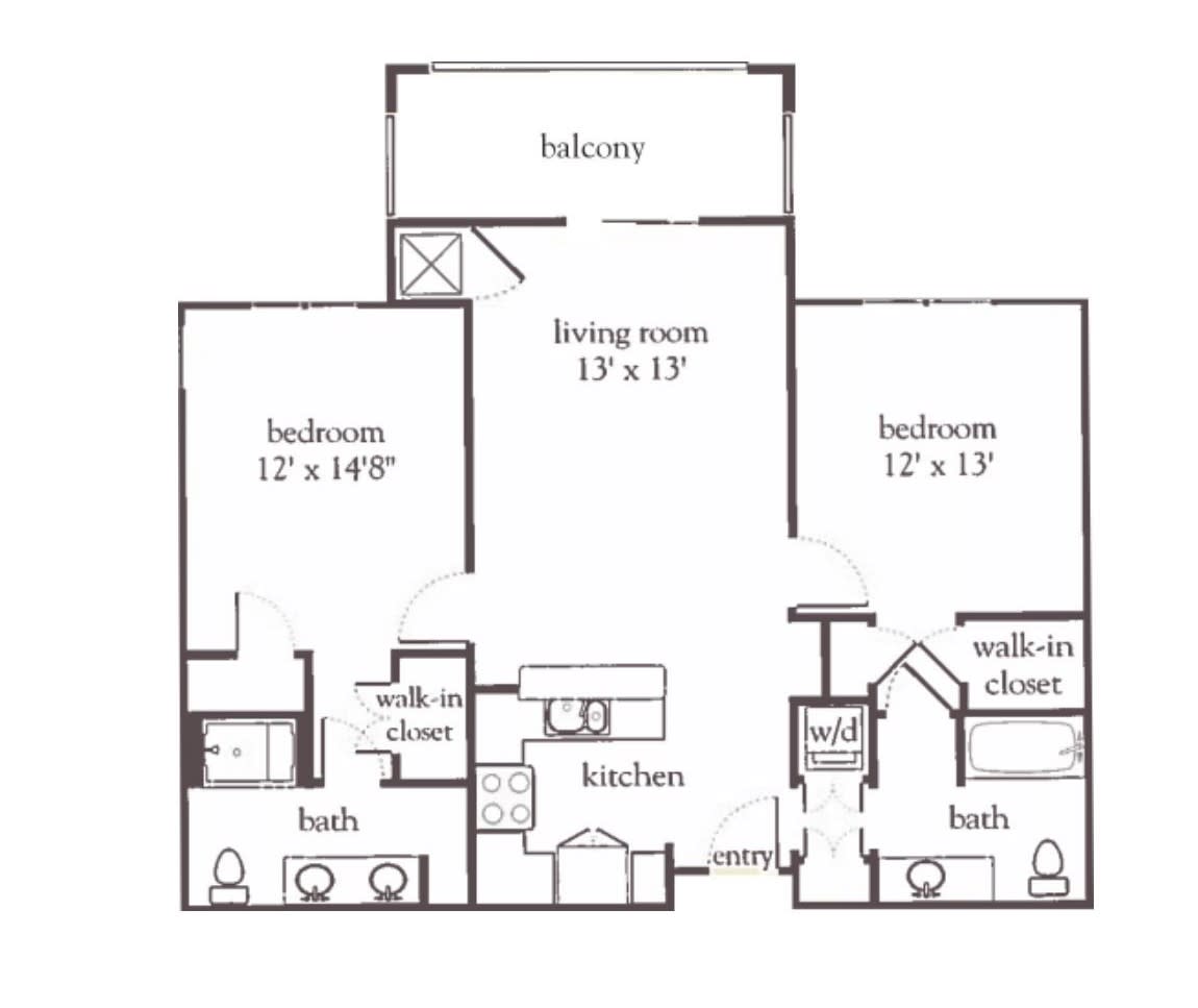 A floor plan of a two-bedroom apartment featuring a living room, kitchen, two bathrooms, walk-in closets, and a balcony.