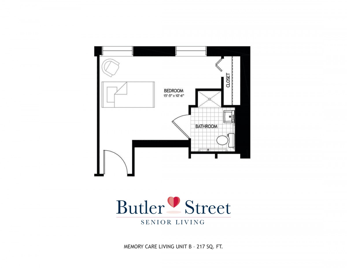 Studio apartment floor plan at Butler Street Assisted Living.