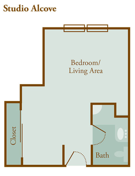 Studio apartment floor plan showcasing bedroom/living area and closet.
