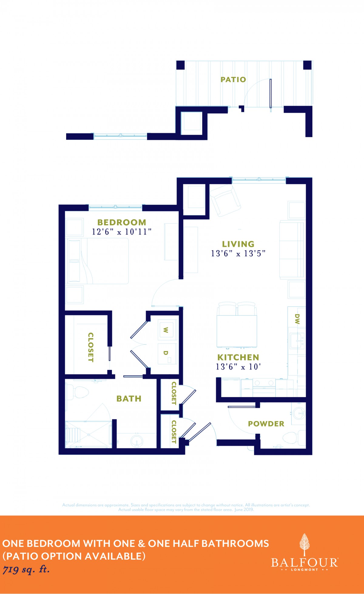 A floor plan of a one-bedroom apartment featuring a living room, kitchen, bathroom, and storage spaces.