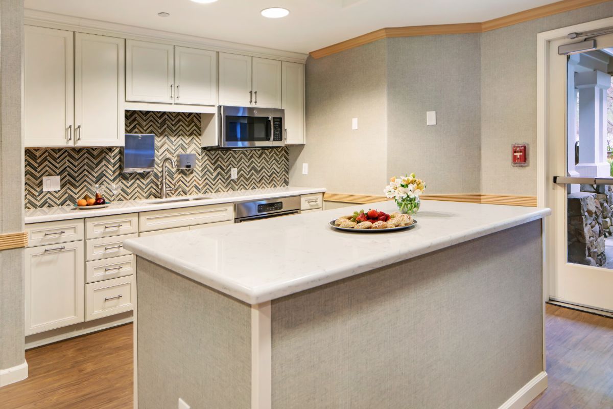 A modern kitchen with a sleek countertop and stylish cabinetry.