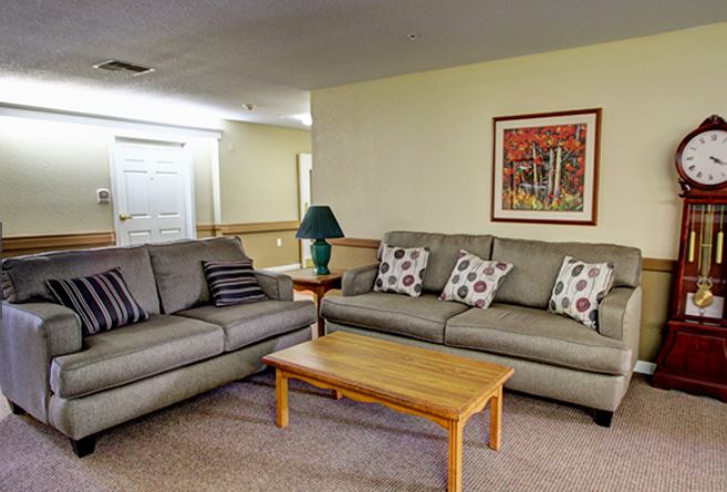 A cozy living room featuring two gray sofas, a wooden coffee table, a lamp, and wall artwork.