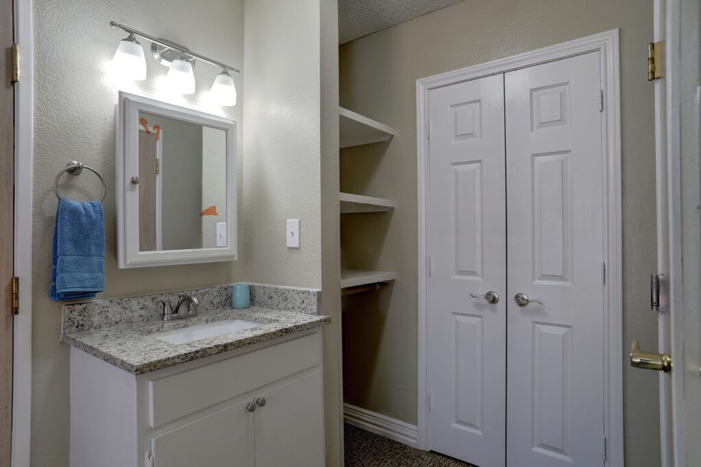 A clean and modern bathroom with a granite countertop, sink, mirror, built-in shelves, and white double doors.