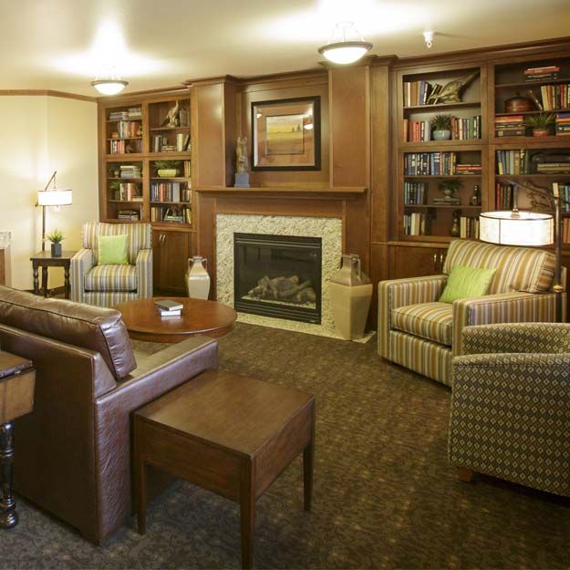 A cozy living room with a fireplace, surrounded by bookshelves and comfortable seating.