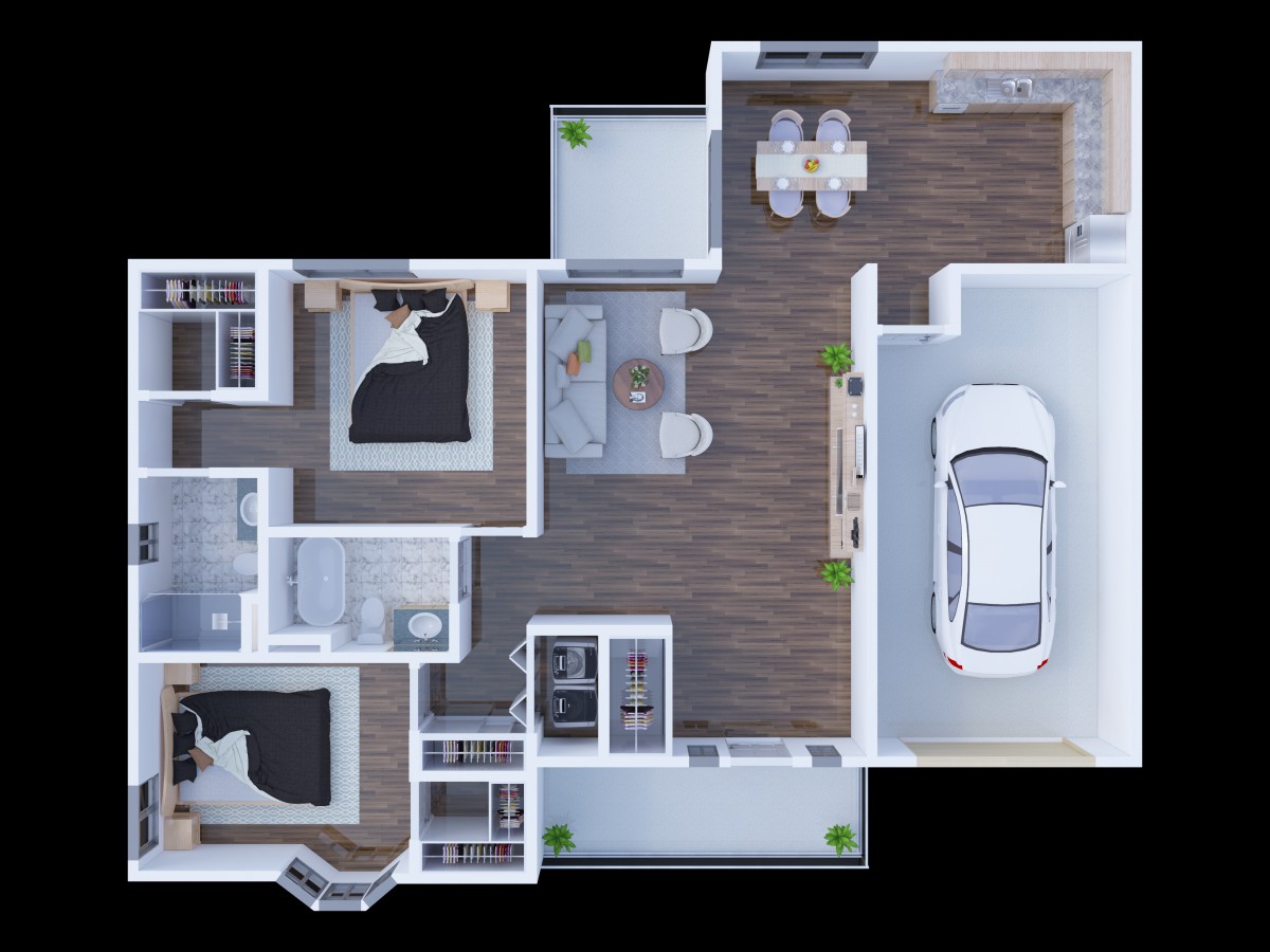 A detailed floor plan of a house showcasing the layout, including bedrooms, a living room, kitchen, dining area, and garage.