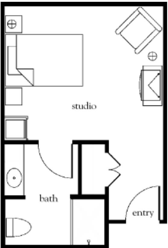 A simple floor plan of a studio apartment featuring a living area, bathroom, and kitchen space.