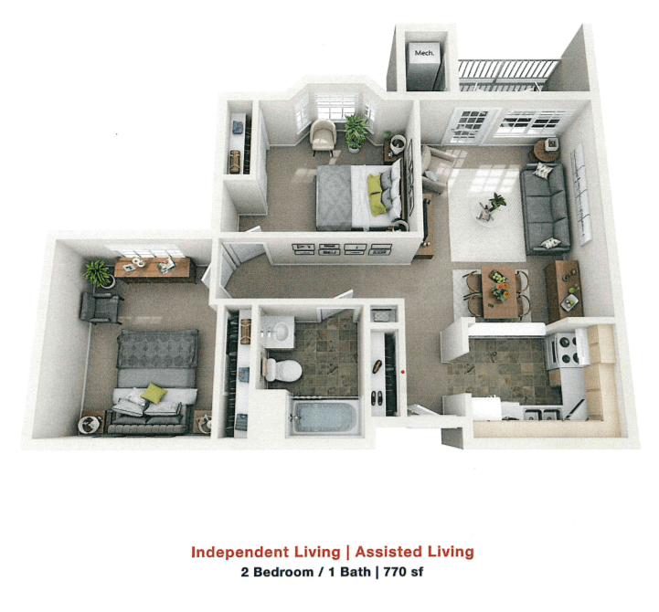 A detailed 3D floor plan of a 2-bedroom, 1-bathroom apartment designed for independent or assisted living.