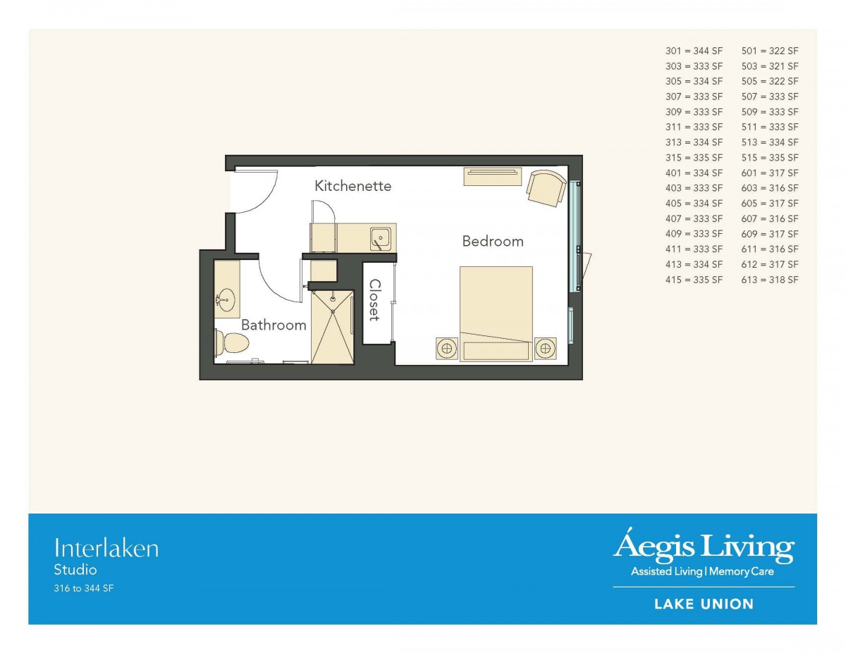 A floor plan of a studio apartment showing the layout and arrangement of rooms.