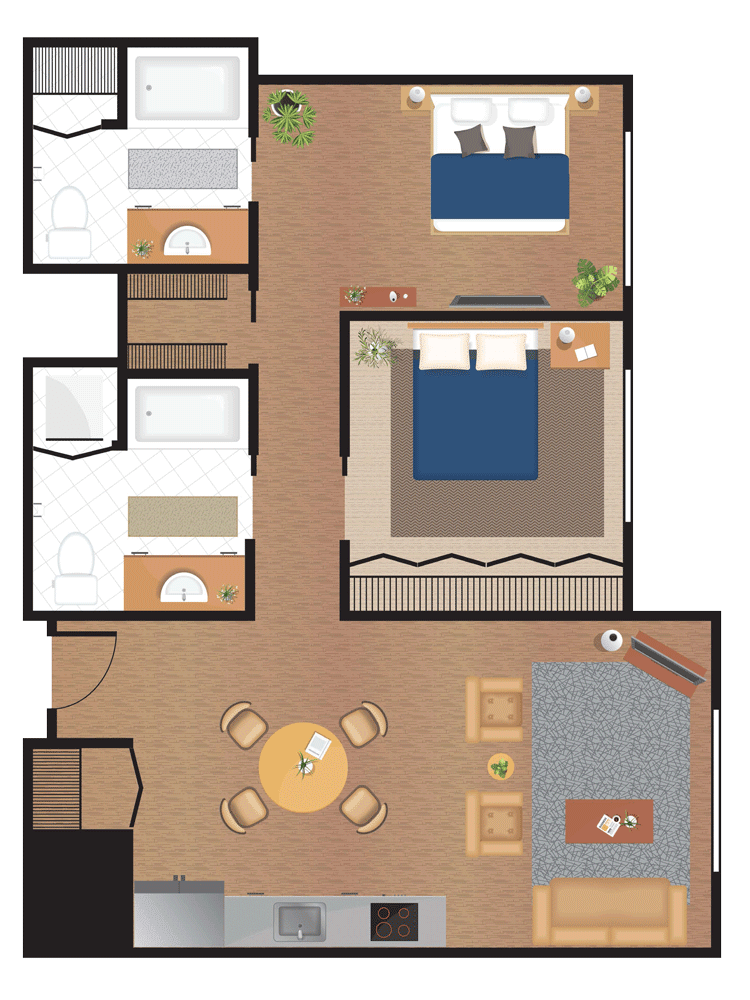 A floor plan featuring a two-bedroom apartment layout with a living room, kitchen, and bathroom.